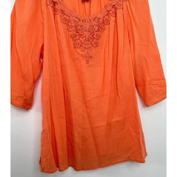 Catherines Tunic Women OXWP 14/16W Petite Orange 3/4 Sleeve Crochet Floral Detai - Picture 3 of 9